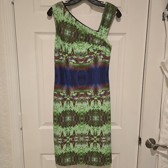 Aidan Mattox Green Purple Rust Asymmetrical Cocktail Dress - Picture 3 of 7